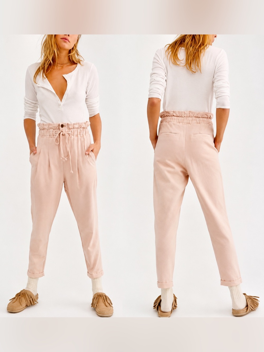 Free People Paper bag Margate Pleated Trouser in light pink cream size XS Boho